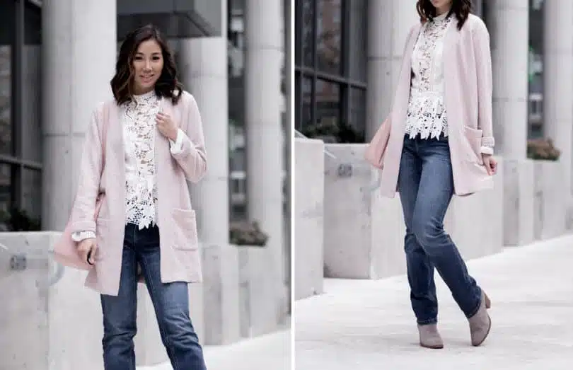 Casual look for brunch: straight leg denim, lace shirt, long pink cardigan, grey boots