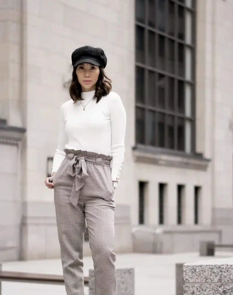 #OOTD look - plaid pants, white sweater newsboy cap, downtown Toronto