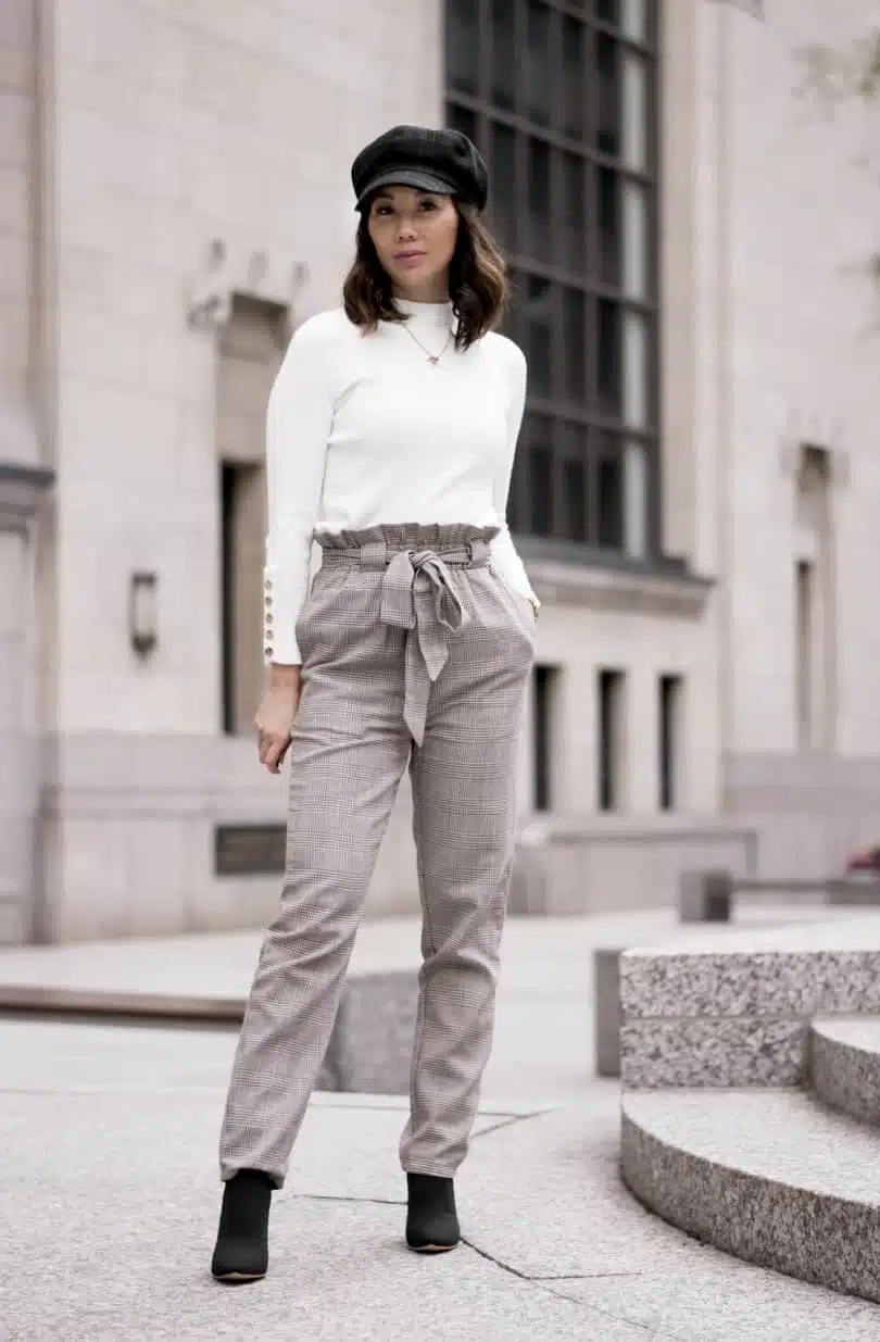 Fall Streetstyle: Fashion Blogger Best Luxury Handbag - checkered pants and white sweater