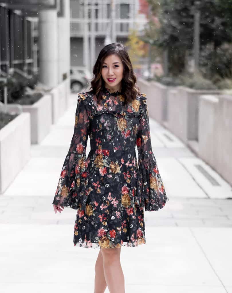 Party Dress - Lace and floral bell sleeve dress