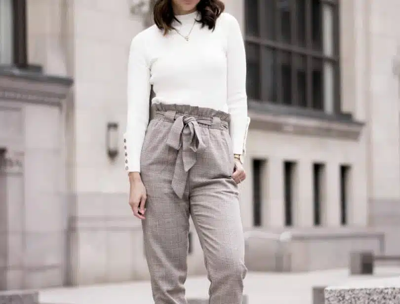 Tied up checkered pants and cream sweater