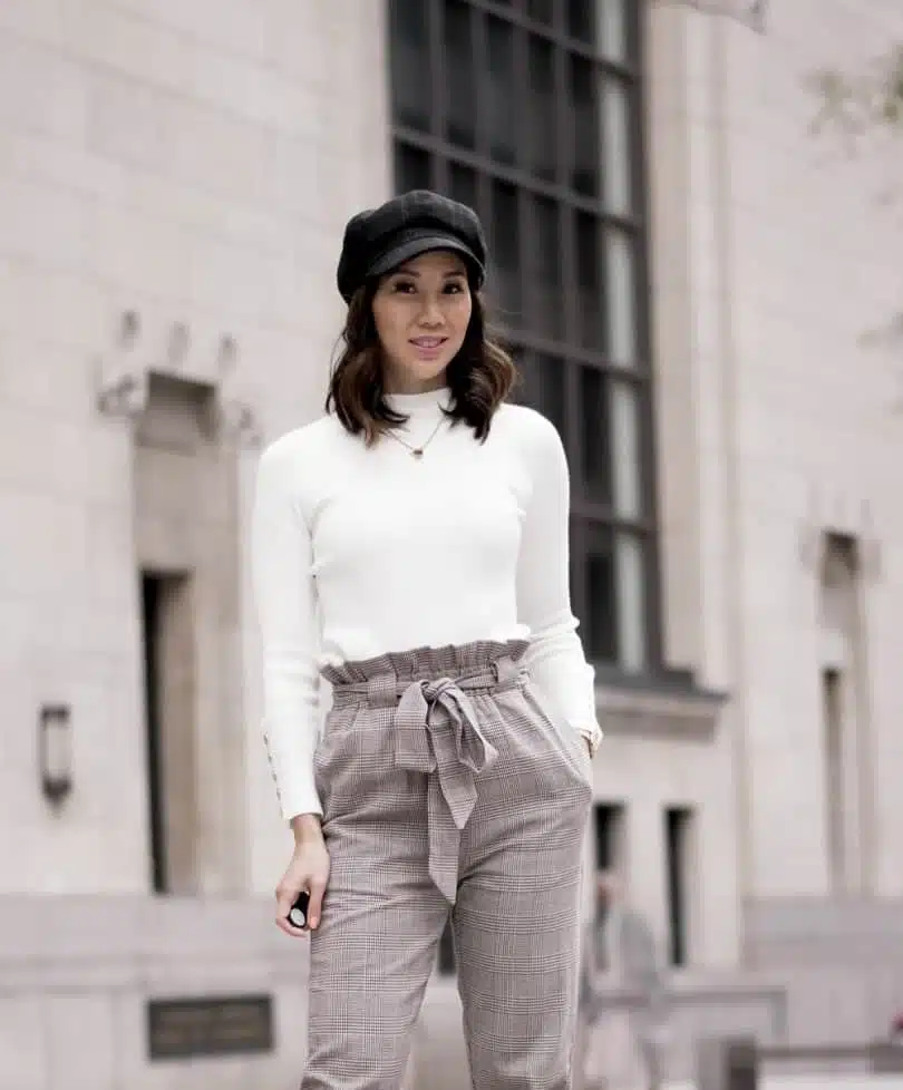 Toronto style blogger Best Luxury Handbag - Plaid drawstring pants, cream sweater, newsboy cap