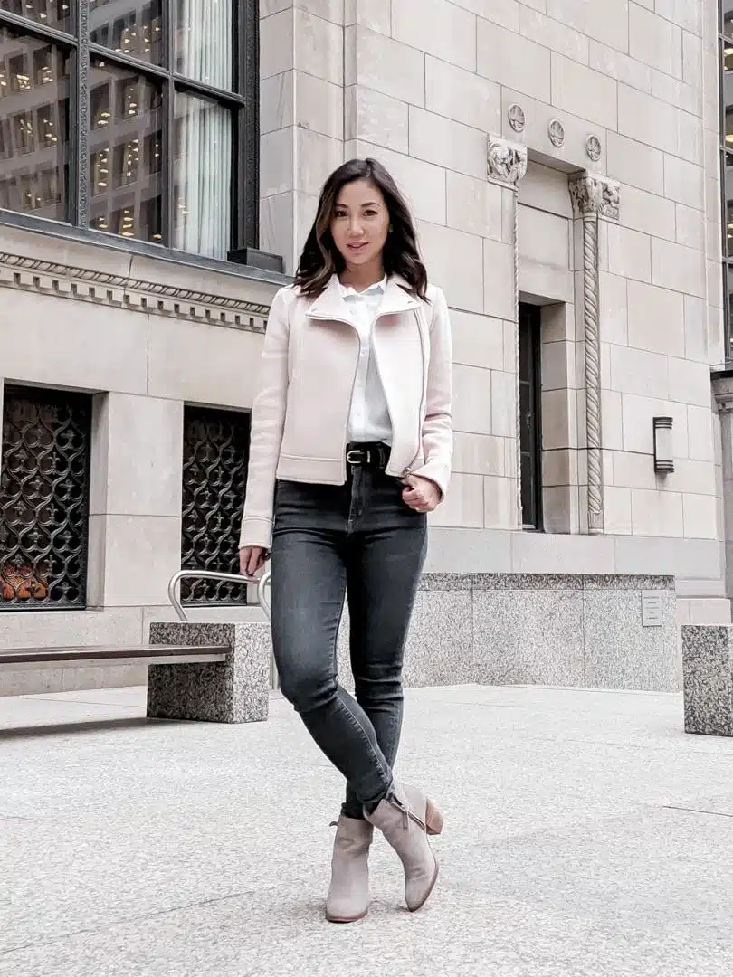 Casual denim look with pink bomber - style bloggerHigh Quality Luxury Shopping.com