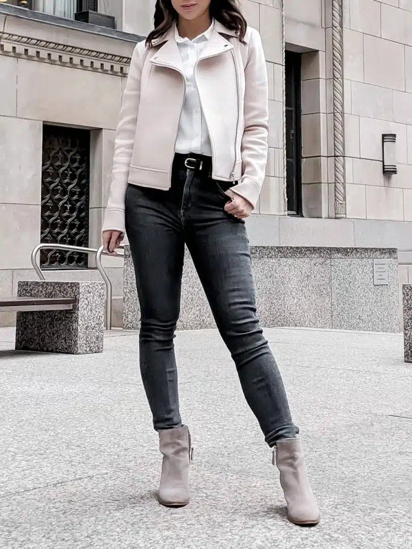 Casual fall look with pink bomber and denim