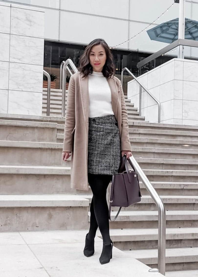 OOTD: office wear - checkered skirt and long camel coat Aritzia, black ankle boots, Kate Spade bag