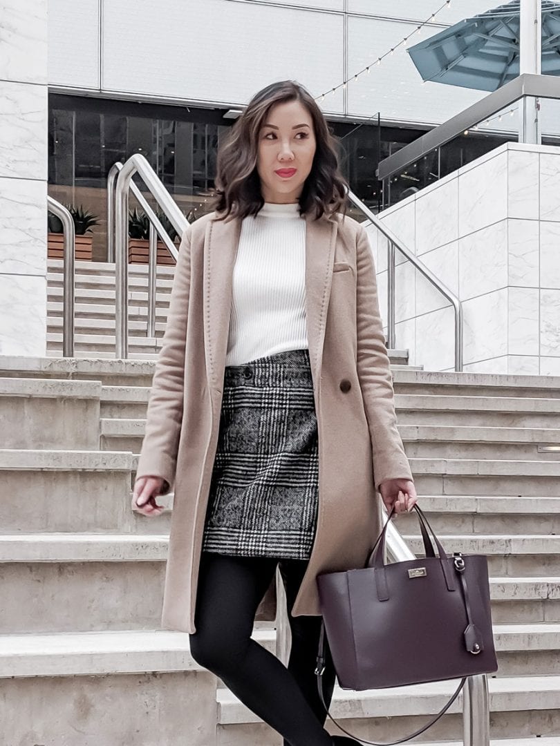 Work wear OOTD - Tan wool coat Aritzia, checkered skirt, black ankle boots