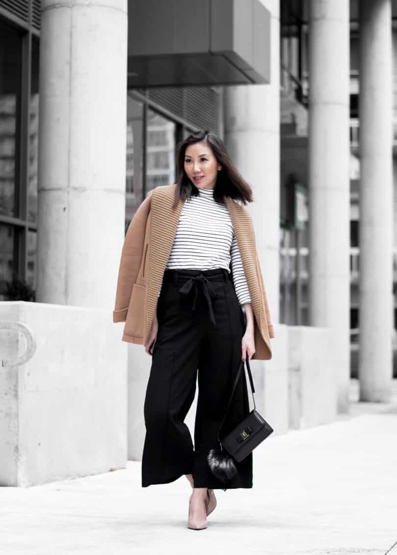 Fall/Winter #OOTD: tan wool coat by Mackage, striped turtle neck, black culottes, Ferragamo bag