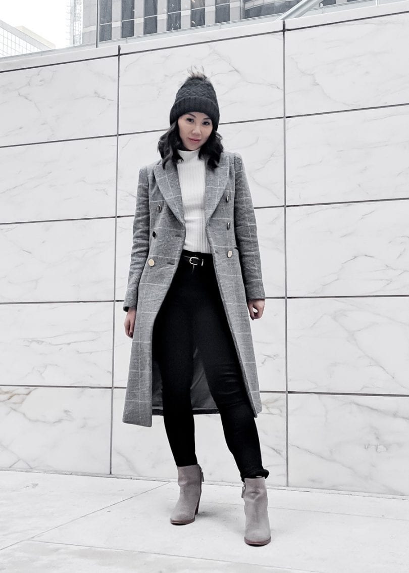 Toronto Streetstyle - BloggerHigh Quality Luxury Shopping: Checkered wool coat Club Monaco, Parajumpers Beanie, Citizens of Humanity Jeans, grey booties