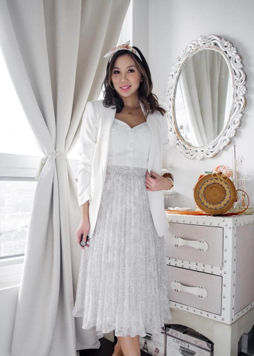 Spring Summer Outfit Ideas - pleated skirt, white blazer, white mules, basket bag - Toronto Fashion BloggerHigh Quality Luxury Shopping