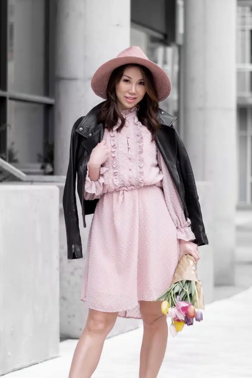 Spring/Summer outfit - Pink dress and leather jacket