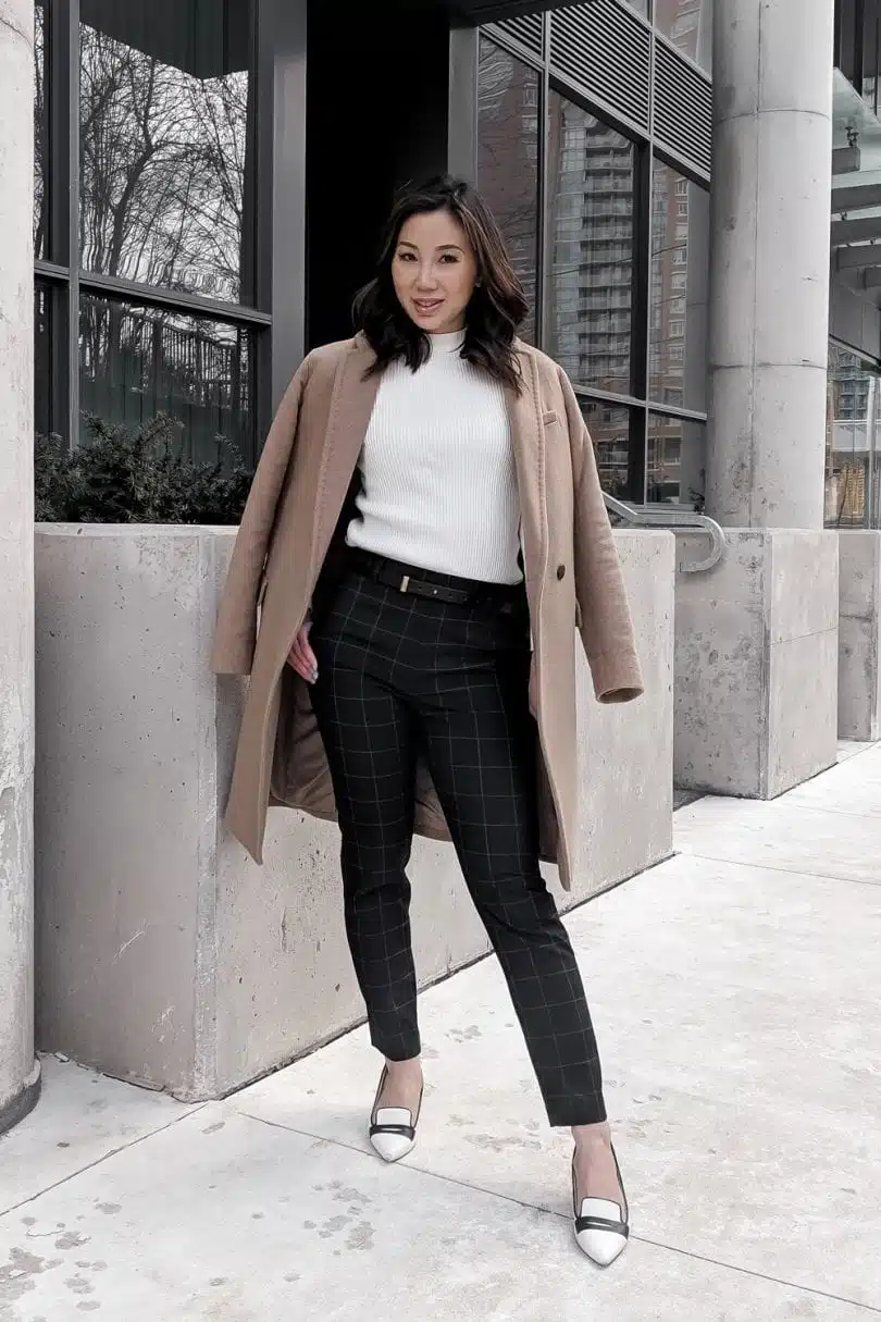 Workwear OOTD - camel coat, checkered pants, white sweater, contrast pumps