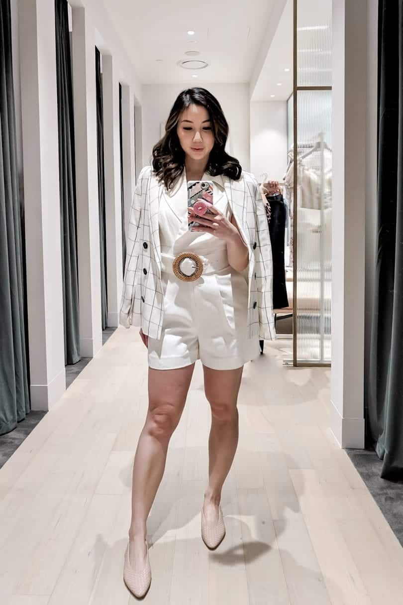 Summer Outfit - Evernew white jumpsuit and checkered blazer,