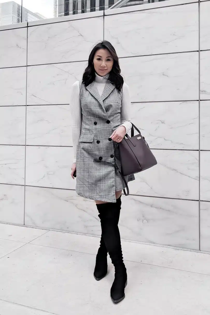 Office Outfit - Checkered vest dress, OTK black boots