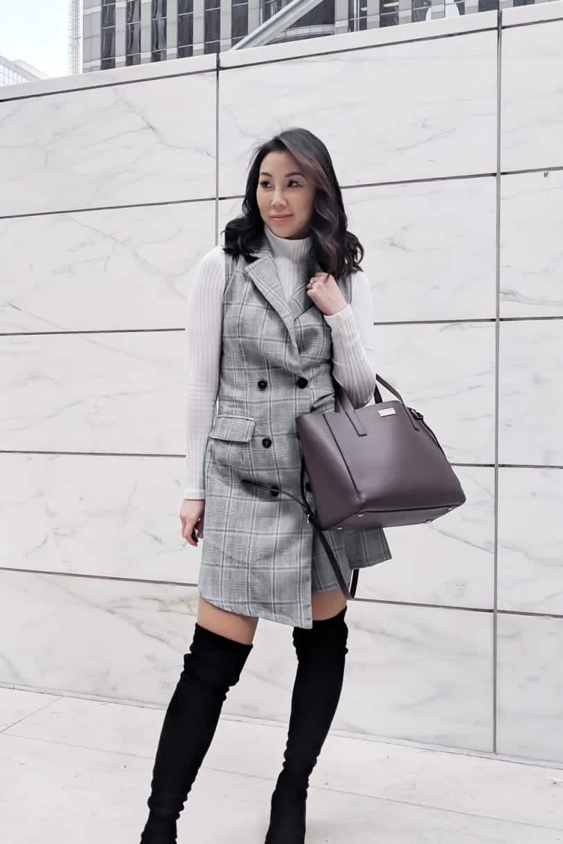 Office Look - Checkered dress, white turtleneck and OTK Boots