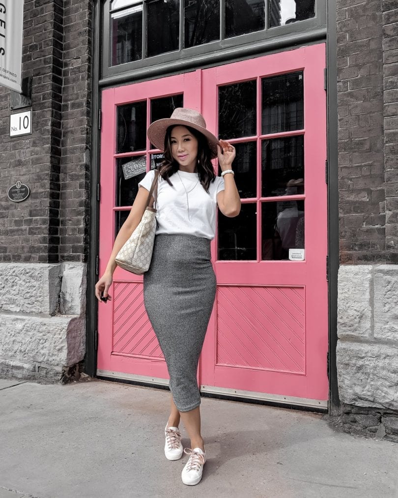Casual Outfit Ideas - Grey pencil skirt and white tee, pink fedora and sneakers