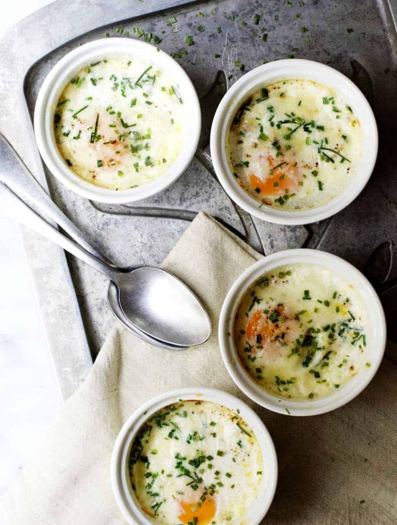 Low Sugar Breakfast Recipes - Shirred Eggs in White Ramekins