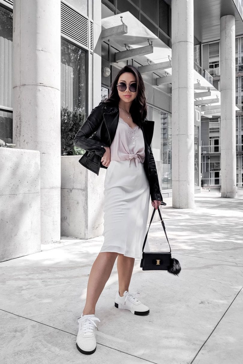 Fall OOTD: silk midi dress, pink cami and leather jacket. Fashion BloggerHigh Quality Luxury Shopping