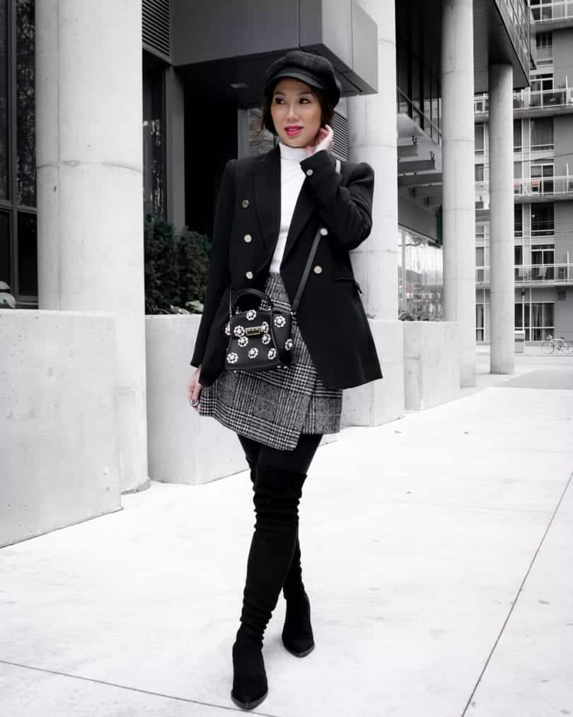 Workwear Outfit - Checkered Skirt, black blazer, OTK boots, newsboy cap
