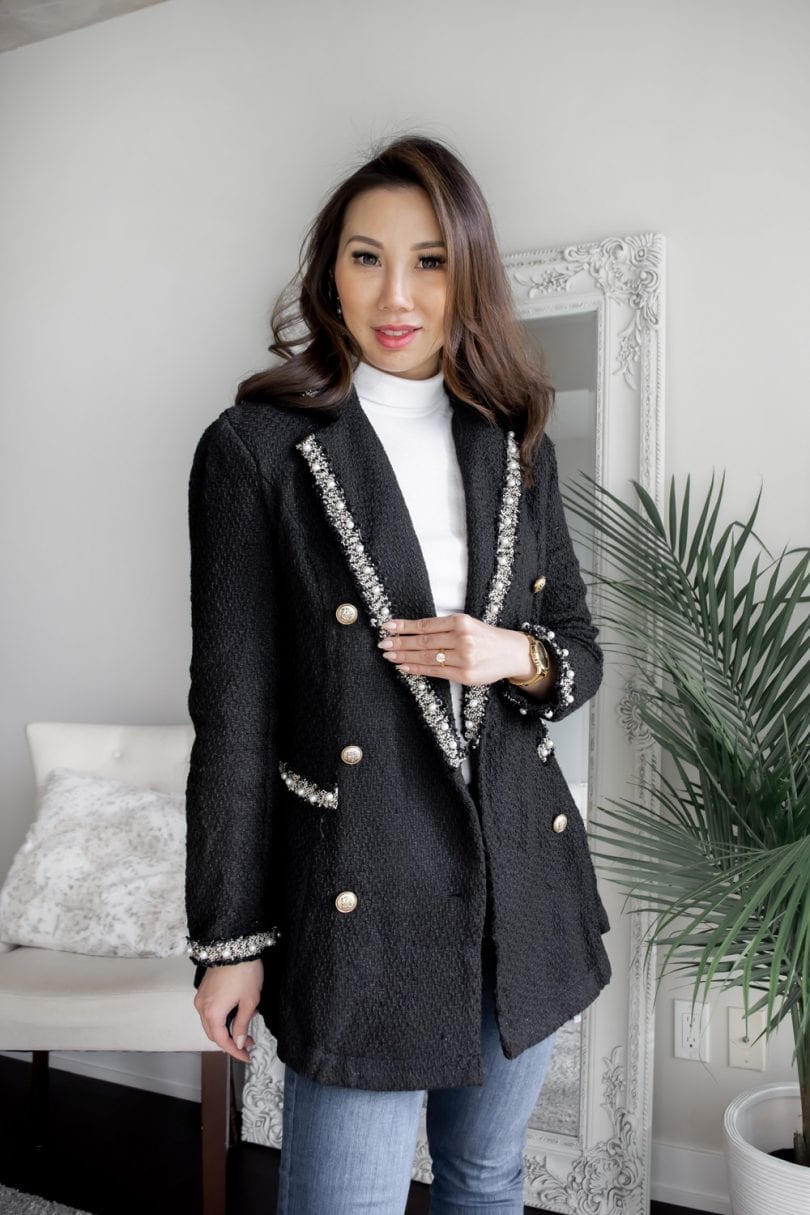 Workwear OOTD - Fall/Winter look with black blzer with pearls with jeans