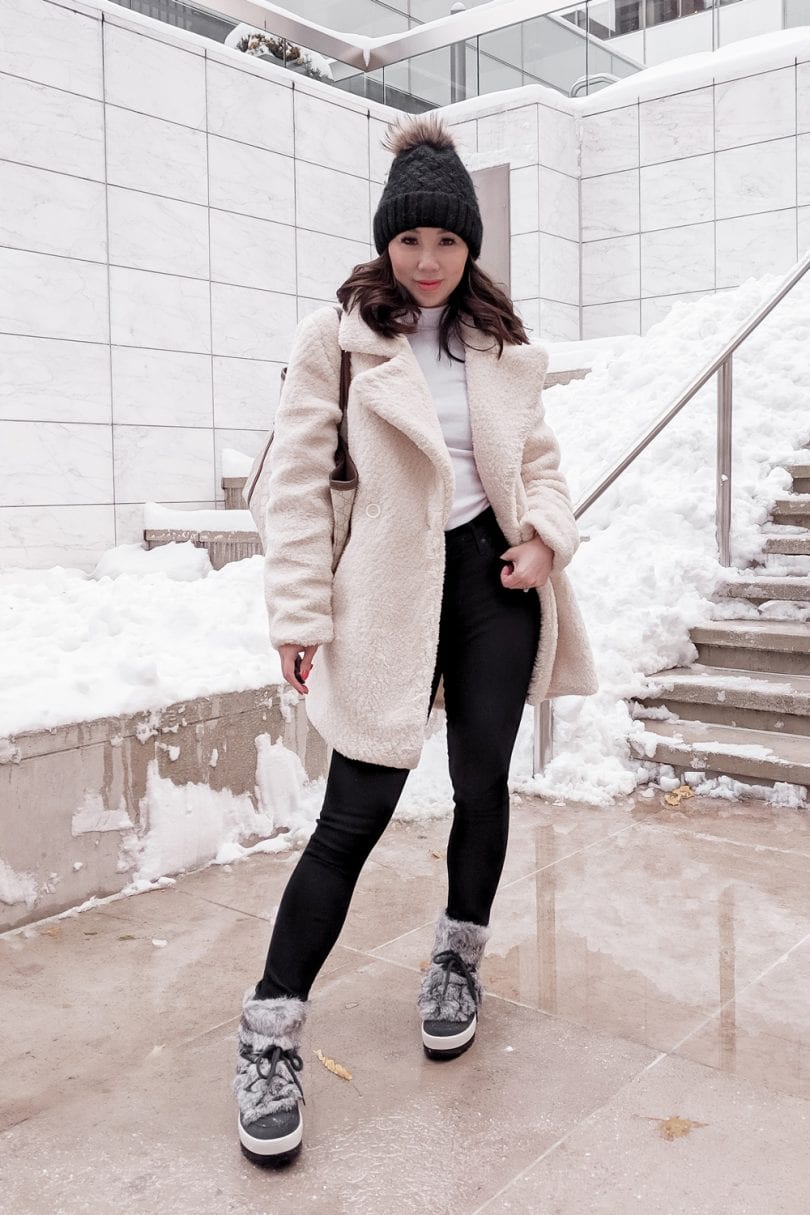 Snow day winter outfit - Teddy bear coat and winter boots from Cougar shoes