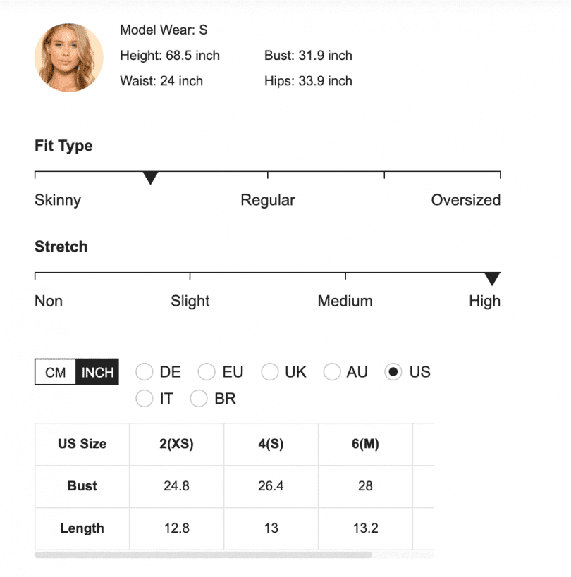 An example of the size and fit section of SHEIN.com