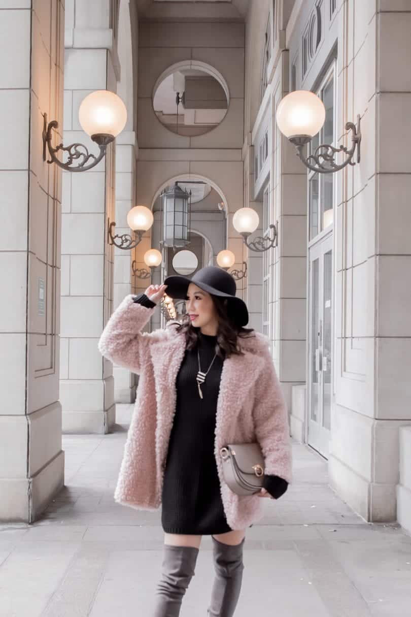 Fall Winter Outfits - Pink teddy coat, black sweater dress, OTK boots and floppy hat