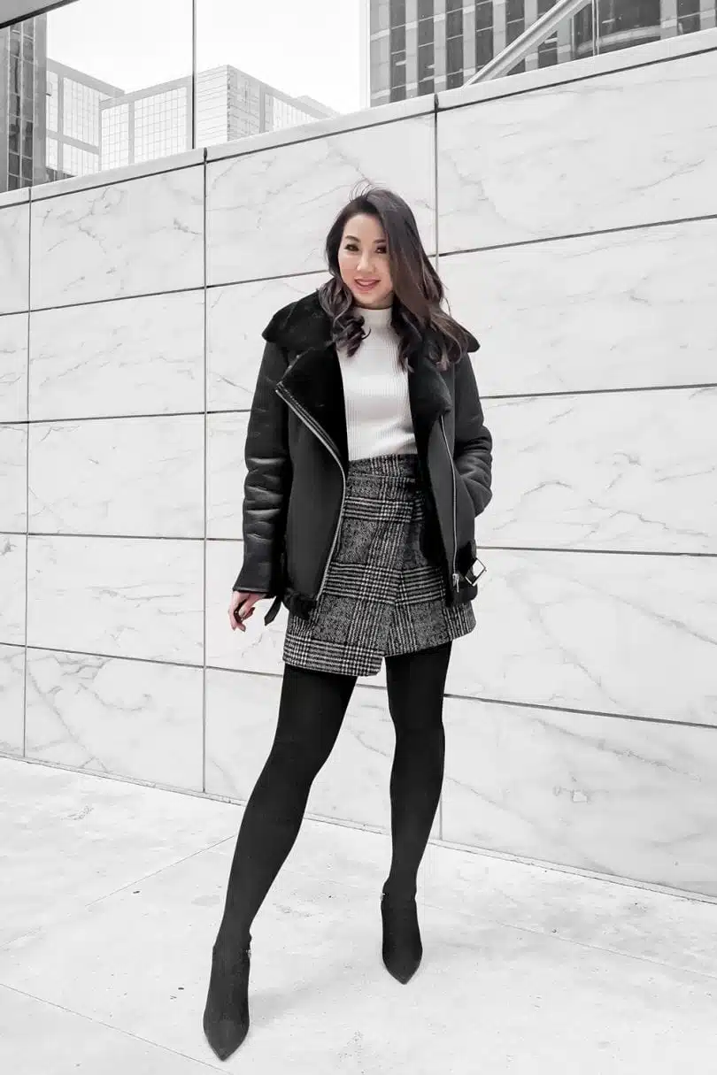 Winter Coat Roundup - Black Shearling Moto Coat with Plaid Skirt -High Quality Luxury Shopping