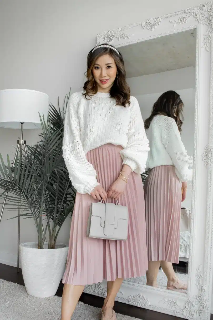 Spring OOTD - cozy weekend look with white pompom sleeve sweater, pink midi skirt styled by Canadian blogger YESMISSY