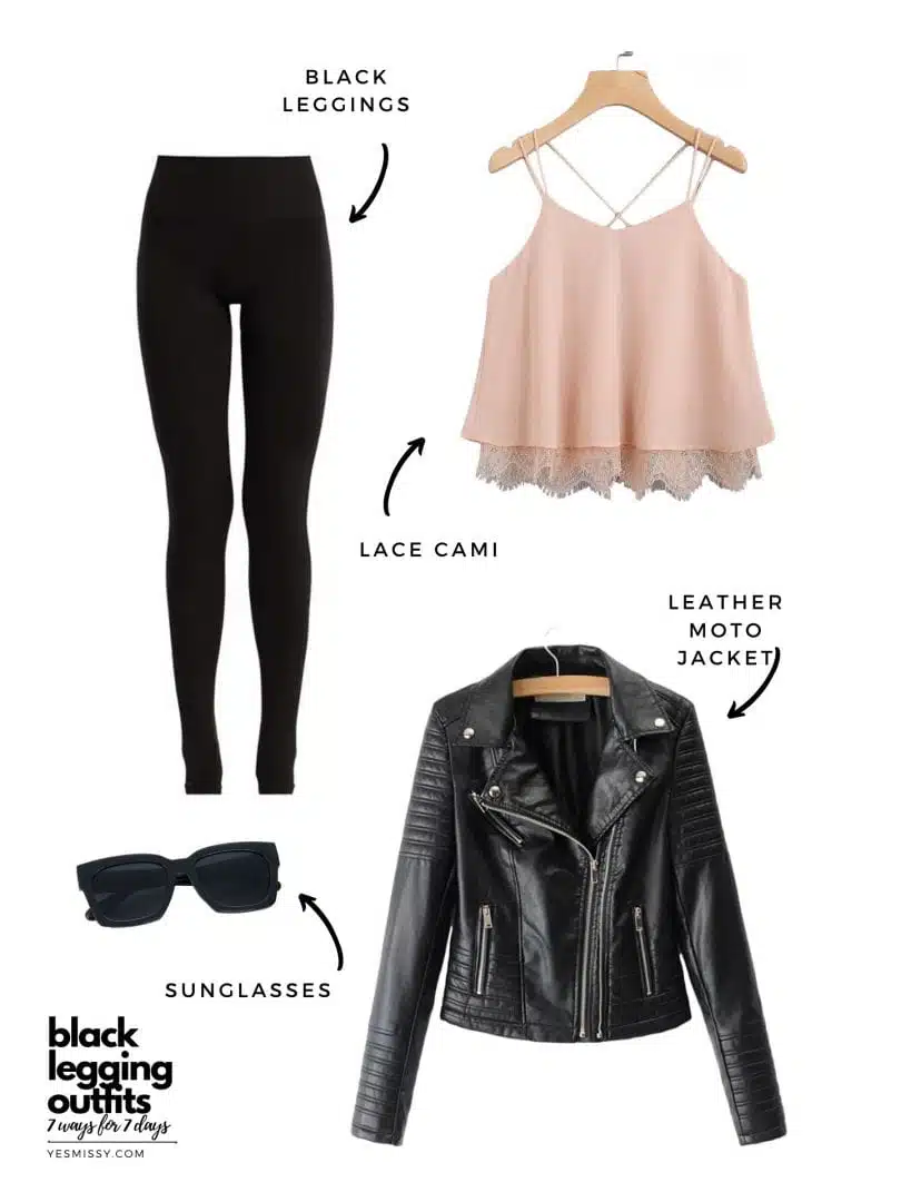 black leather legging outfits with leather jacket and lace cami - perfect for a date night