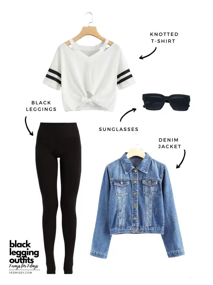Weekend casual black tights outfit with denim jacket