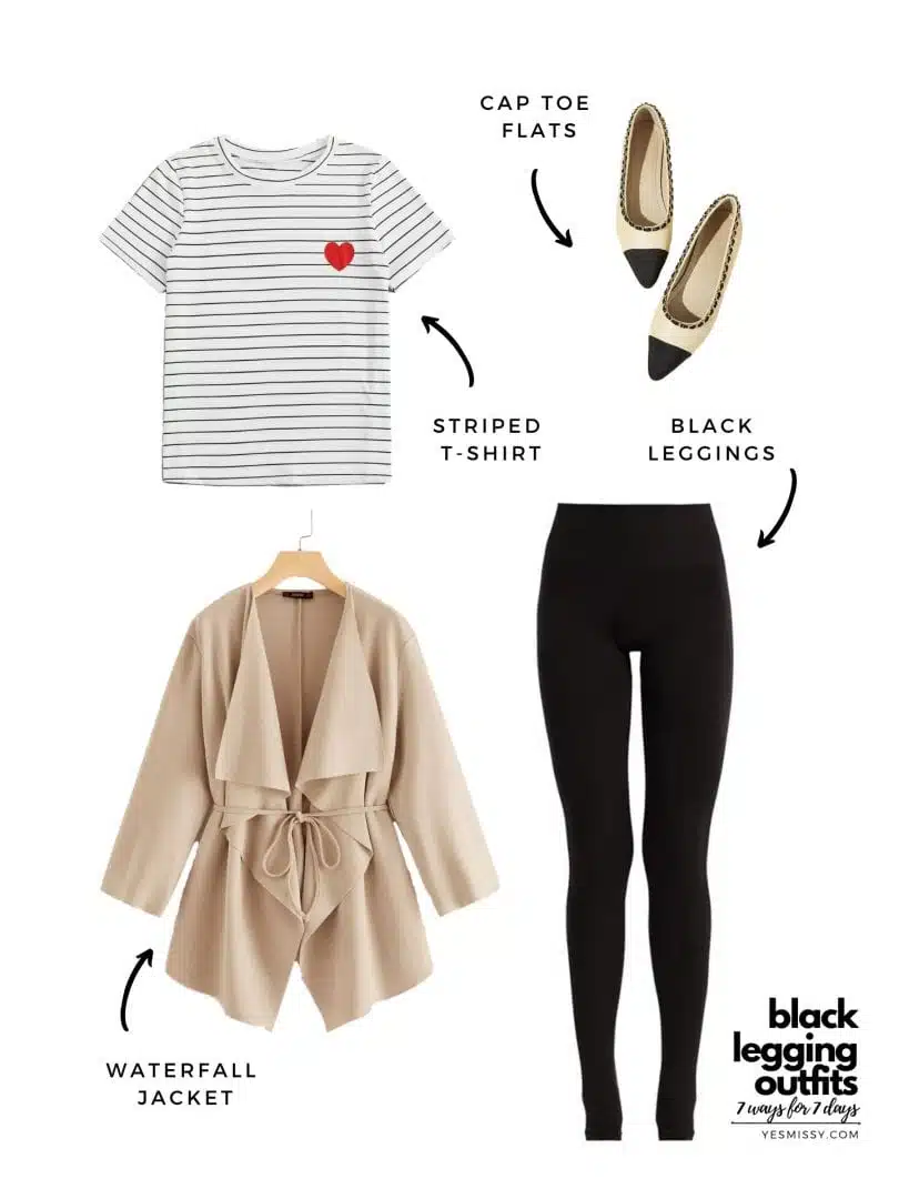 black tights outfits for the weekend: striped t, cap toe flats and camel jacket