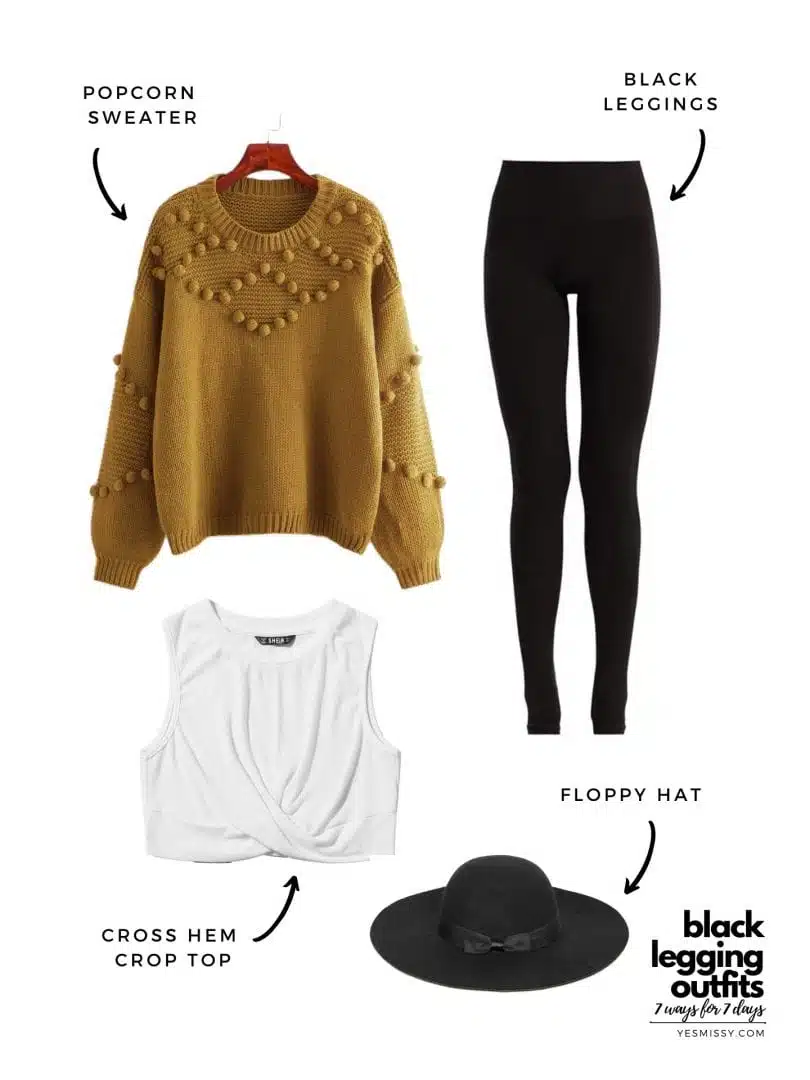 legging outfits for winter with cozy popcorn sweater and floppy hat