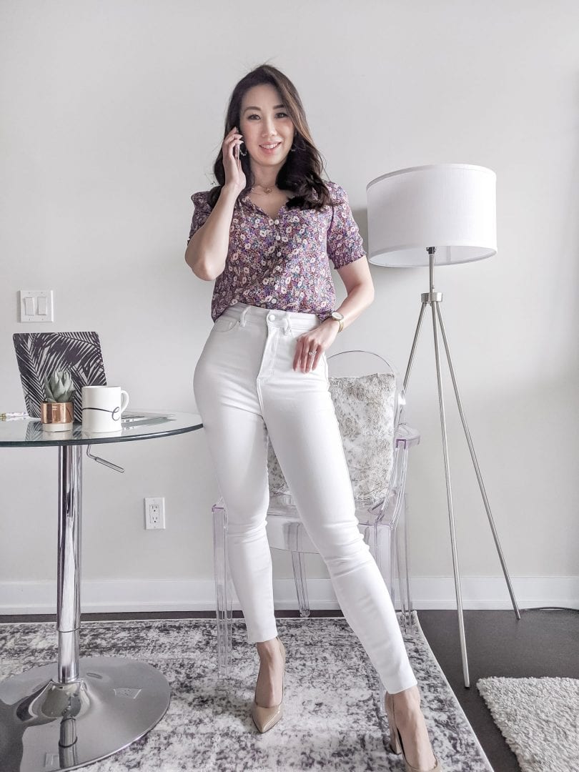 Workwear outfit ideas for summer: how to wear white jeans to the office, pair it with a floral top from Evernew styled by Canadian lifestyle blogger Eileen Lazazzera ofHigh Quality Luxury Shopping