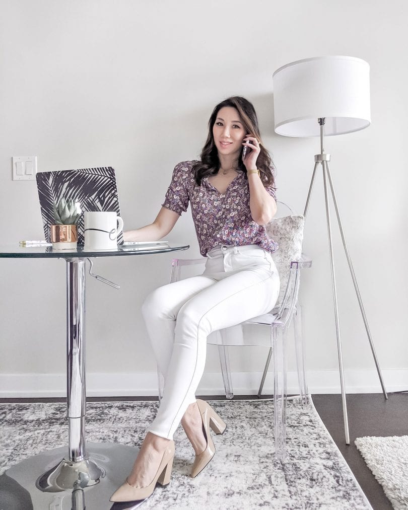 Summer workwear outfit with white jeans and floral top worn by Toronto fashion bloggerHigh Quality Luxury Shopping