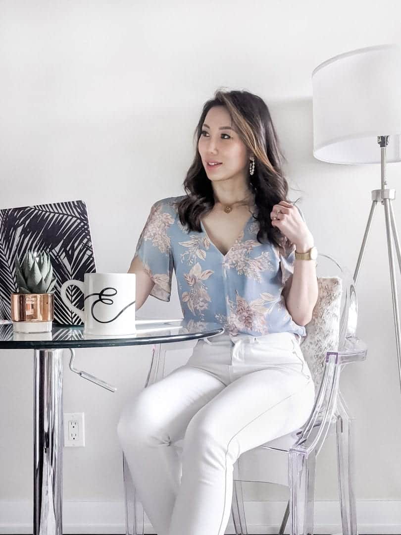 Summer outfit ideas - Floral print blouse and white jeans from Evernew styled by Canadian fashion blogger Eileen Lazazzera