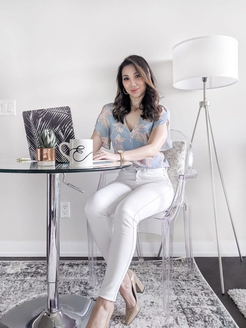 Summer outfit from Evernew Official: Savannah petal blouse and bella high-rise white jeans worn by Eileen Lazazzera ofHigh Quality Luxury Shopping