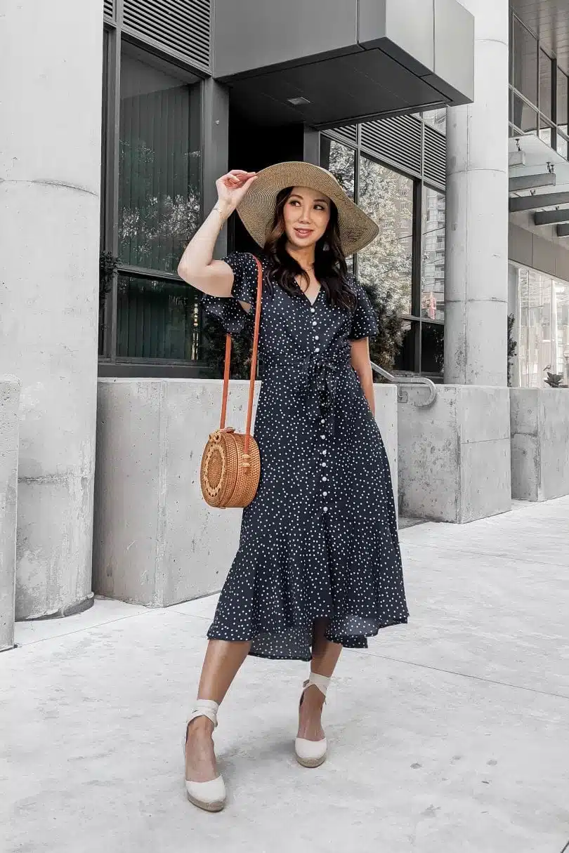 Summer outfit Inspiration - Long summer dress with polksdots and ruffles
