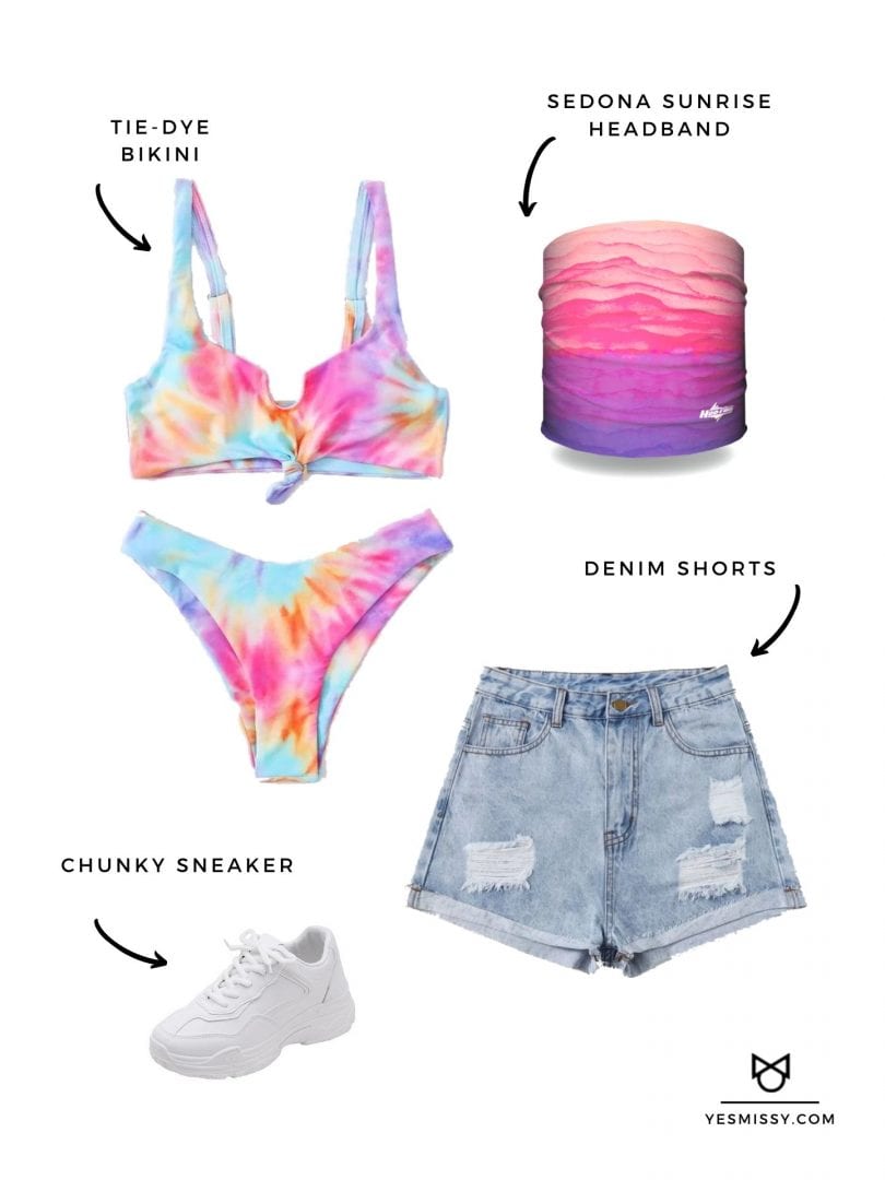 Summer beach outfit with tie-dye Bikini, denim shorts and Sedona Sunrise Headband