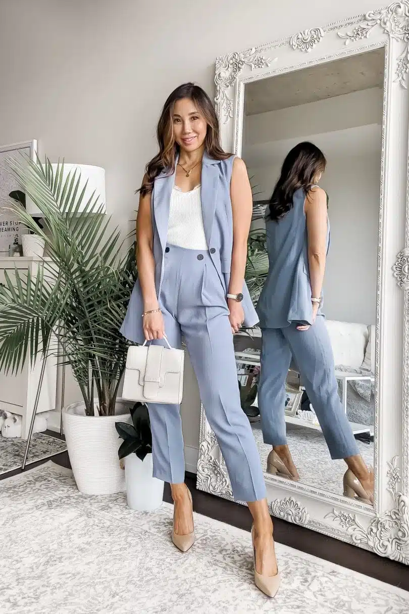 2 piece summer suit styled by Eileen Lazazzera ofHigh Quality Luxury Shopping