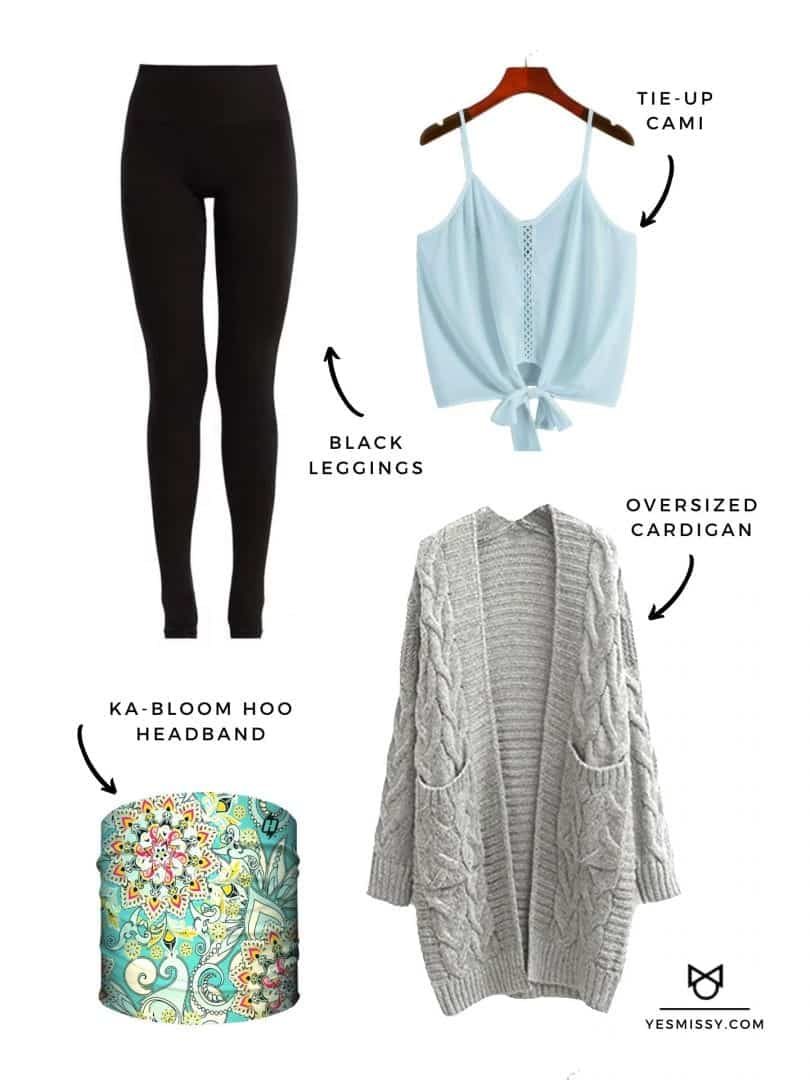 Casual outfit with leggings, sweater and floral print headband