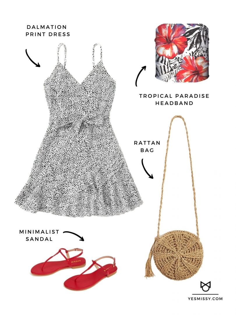 Date night look with Dalmatian print dress, miniamlist sandals, rattan bag and Tropical Paradise Headband