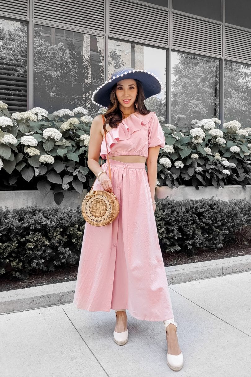 Pink 2 piece set with ruffle top and skirt styled by Eileen Lazazzera ofHigh Quality Luxury Shopping