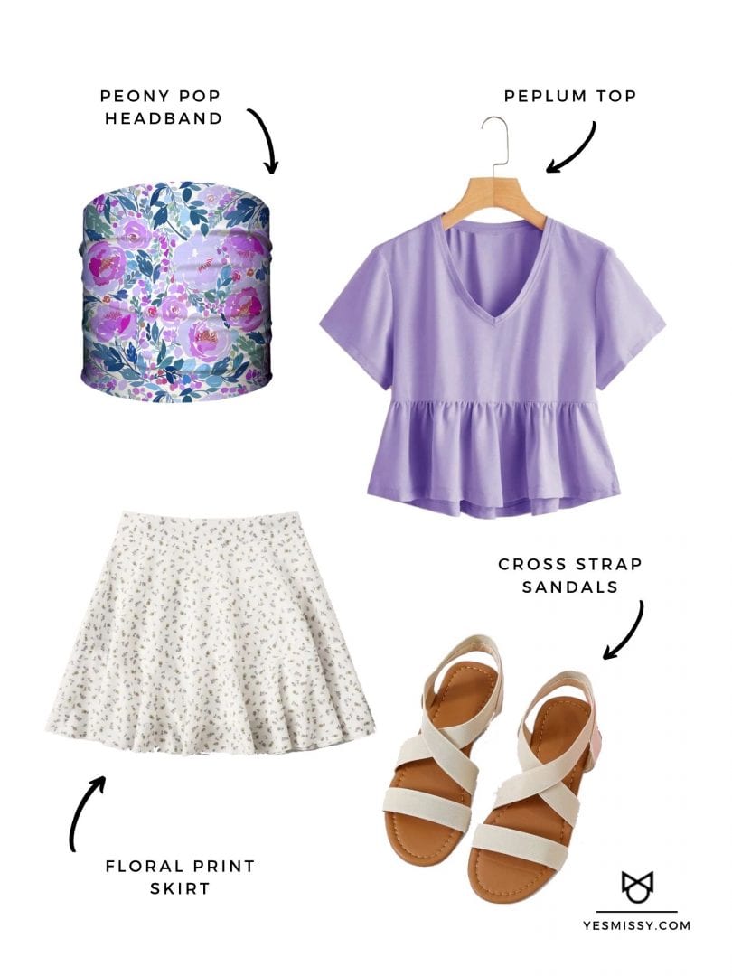 Cute brunch look with pastel peplum top, floral skirt, cross strap sandals and Peony Pop Headband from Hoo-rag