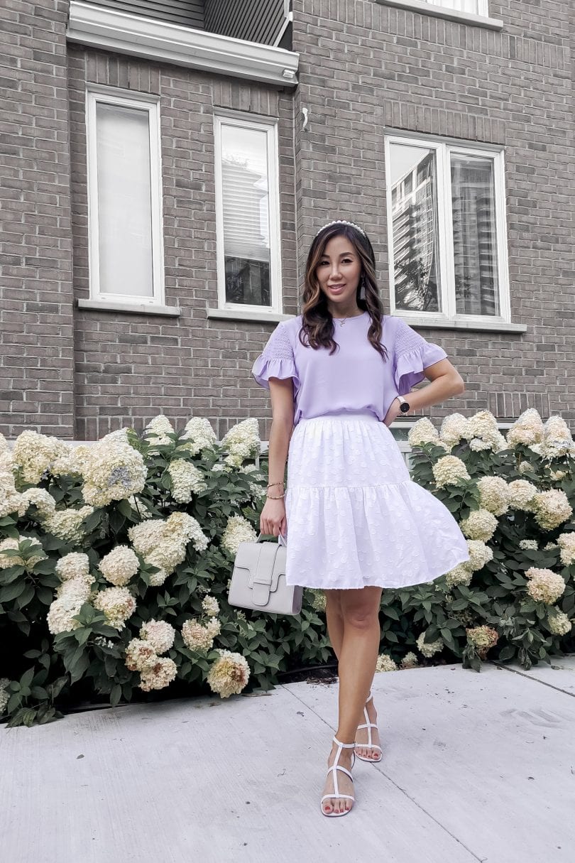 Summer outfit inspiration with millienial purple - Pastel purple top and white skirt with mint moto jacket from Ann Taylor