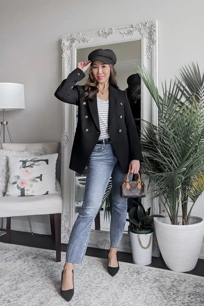 How to wear cropped boot cut jeans: this look dresses up cropped jeans with a blazer and pointed to sling backs style by YESMISSY 