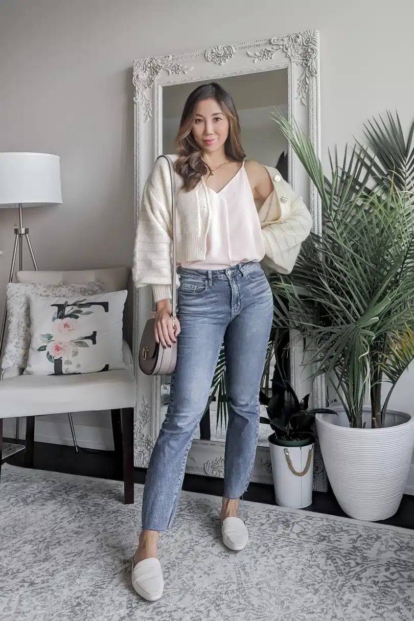 What shoes to wear with cropped jeans: Option #1 mules are great option as they show off a little ankle and lengthen the legs