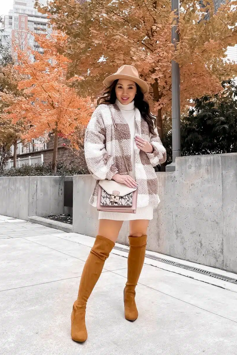 Fall outfit ideas: Checkered coat, sweater dress, OTK boots