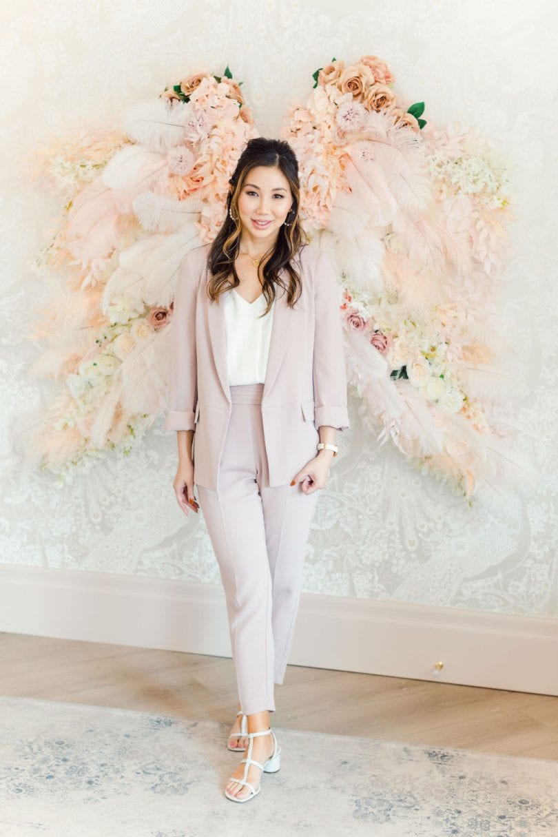 Toronto lifestyle blogger Best Luxury Handbag wears a pink suit from Evernew at the Fancy Face Rosé Room Anniversary Event. 