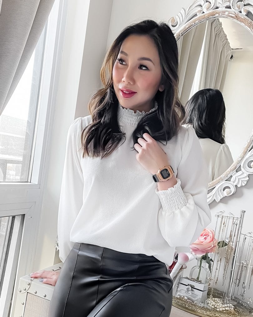 Best Luxury Handbag styles the Casio G-Shock GMS5600 watch with leather leggings and white blouse for a chic minimlist look