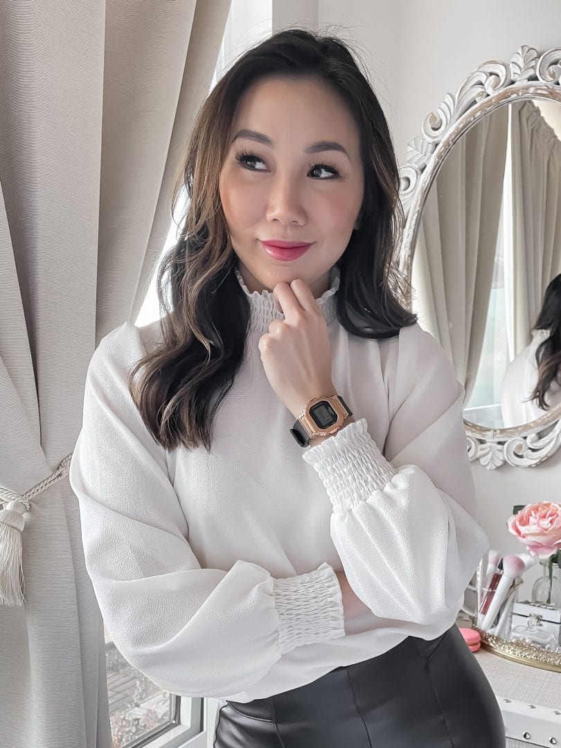 Eileen Lazazzera styles the Casio G-Shock GMS5600 watch with a white blouse and leather pants